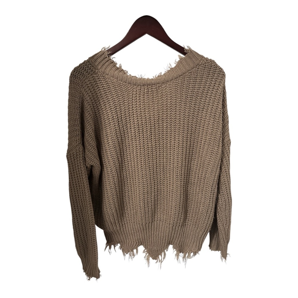 Women’s Distressed Long Sleeve Sweater By MainStrip, Tan/Beige, V Neck, Medium - Picture 2 of 7